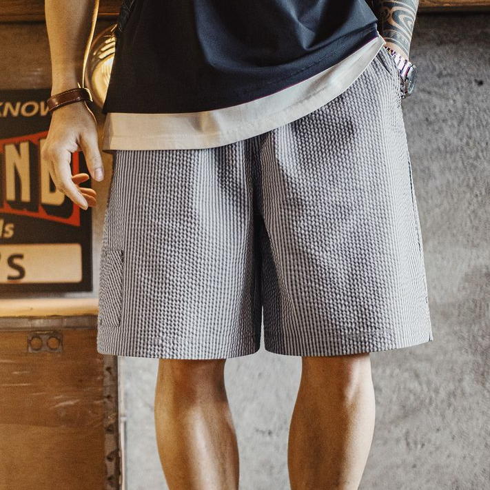 美式休閒泡泡紗短褲棉透氣日系通勤簡約五分褲男春夏