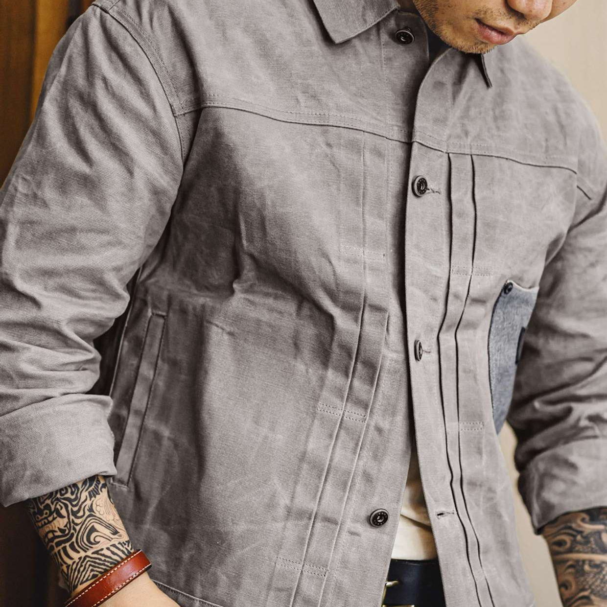 美式復古油蠟夾克vintage純棉獵裝硬挺灰色二代外套男秋