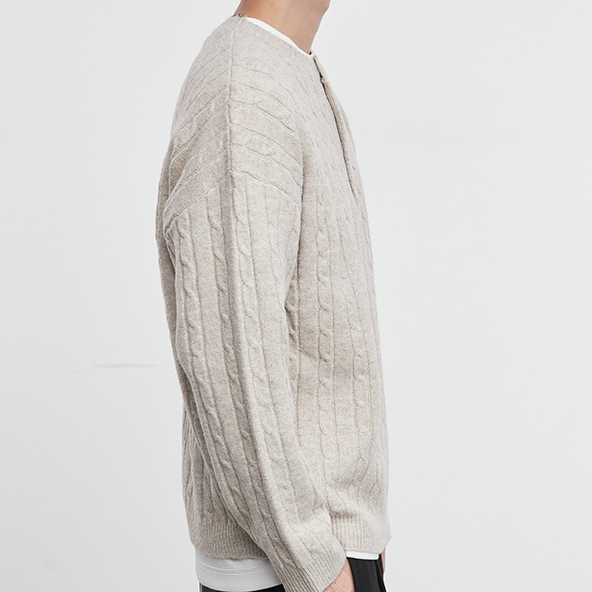 織閒男裝亨利領麻花針織毛衣秋冬復古寬鬆保暖套頭毛衫