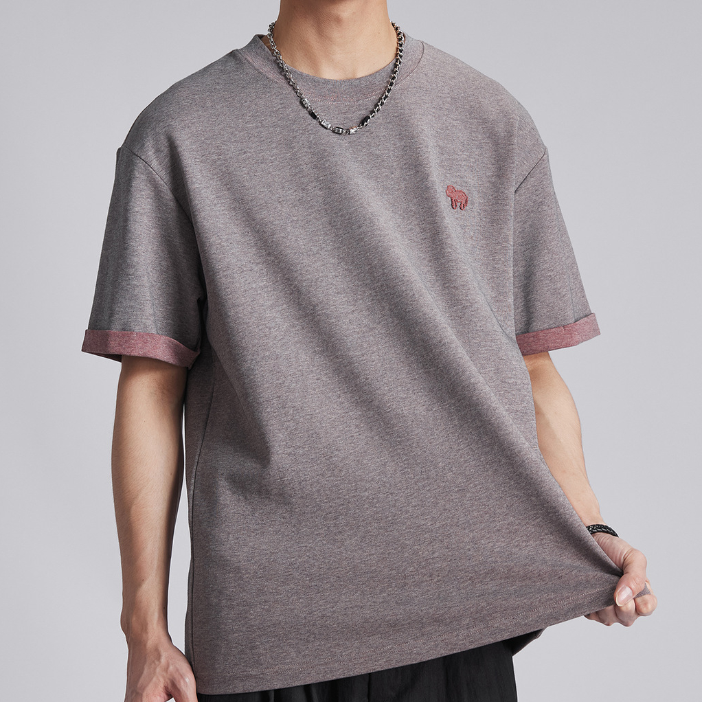 小標刺繡撞色T恤男夏季圓領寬鬆親膚透氣日常百搭休閒短袖