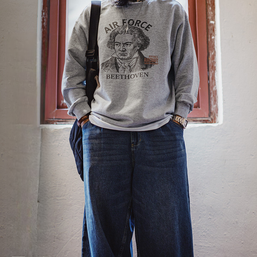 美式灰色卷邊全純棉衛衣寬鬆套頭印花刺繡長袖T恤男款春