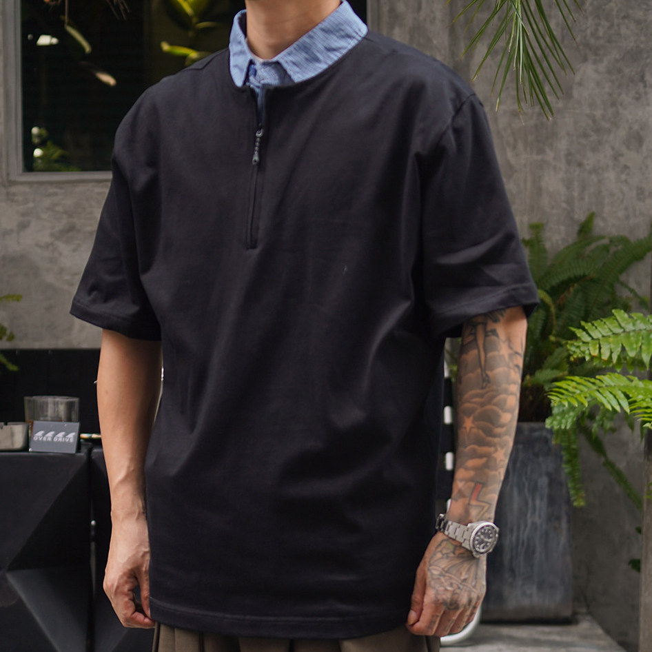 夏季男士短袖Polo衫半拉鍊拼接襯衫翻領男休閒潮牌