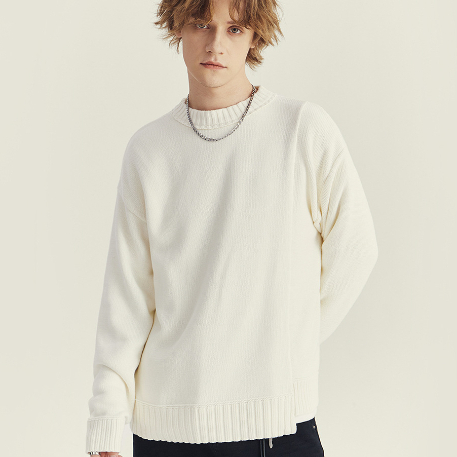 秋冬季圓領毛衣男士潮款韓版拼接寬鬆套頭針織衫長袖內搭