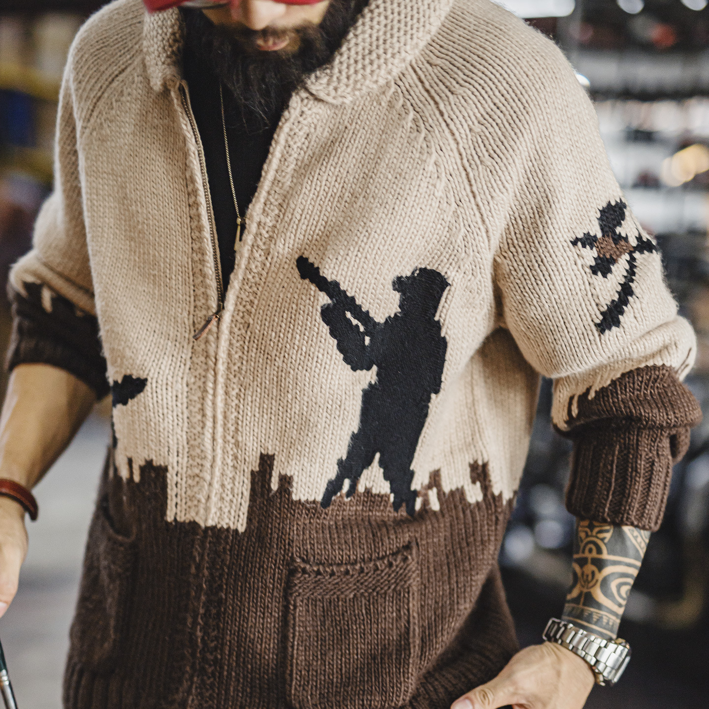 美式復古刺繡青果領毛衣卡其色開衫老錢風毛衫外套男秋冬