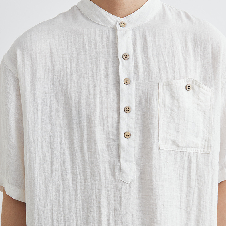 老錢風亨利領短袖襯衫男夏季2025新款日系復古寬鬆休閒襯衣薄