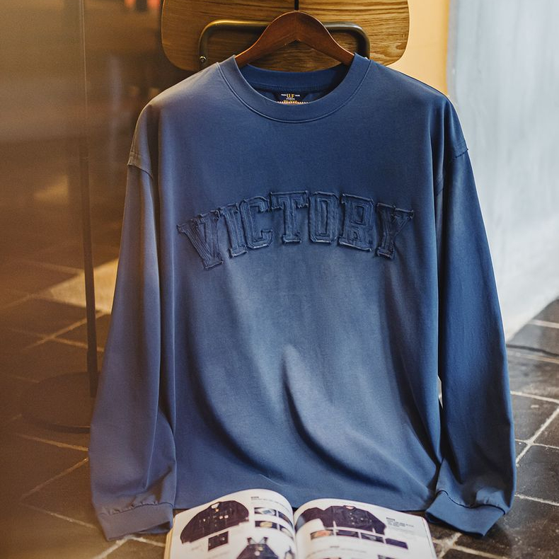 美式復古字母貼布衛衣漸變色水洗做舊寬鬆圓領T恤男春季