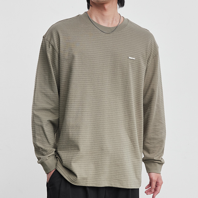 極簡長袖T恤肌理感條紋圓領打底衫男春季新款鬆弛感套頭上衣