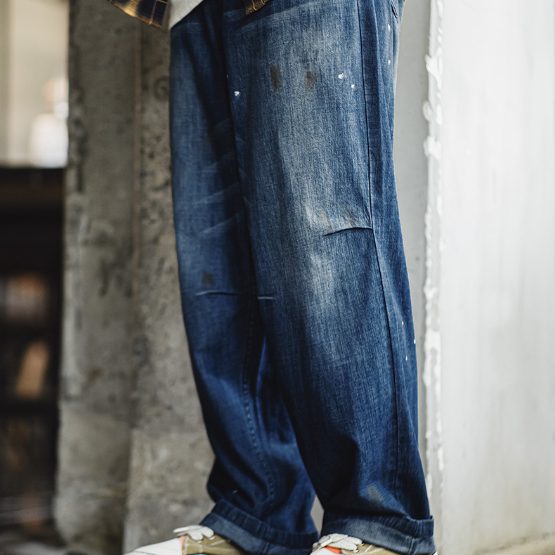 美式復古做舊磨白貓鬚牛仔褲寬鬆水洗丹寧潑墨直筒褲男秋