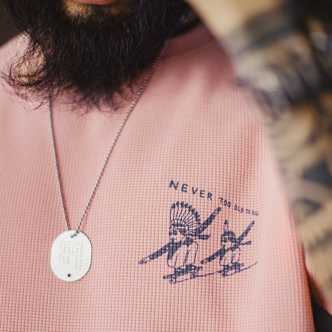 美式復古華夫格圓領短袖T恤阿美咔嘰印第安印花上衣男夏