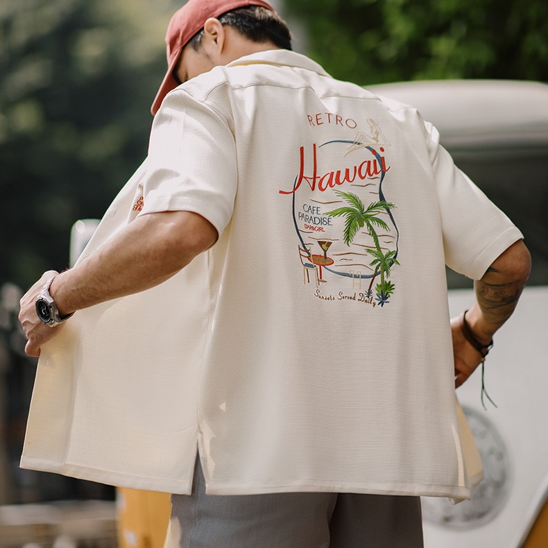 美式復古夏威夷刺繡短袖襯衫竹節紋垂感古巴領襯衣男夏季