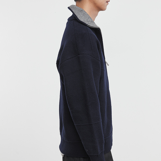 邃境秋冬簡約時尚拼色休閒輕奢針織衫痞帥翻領毛衣外套男