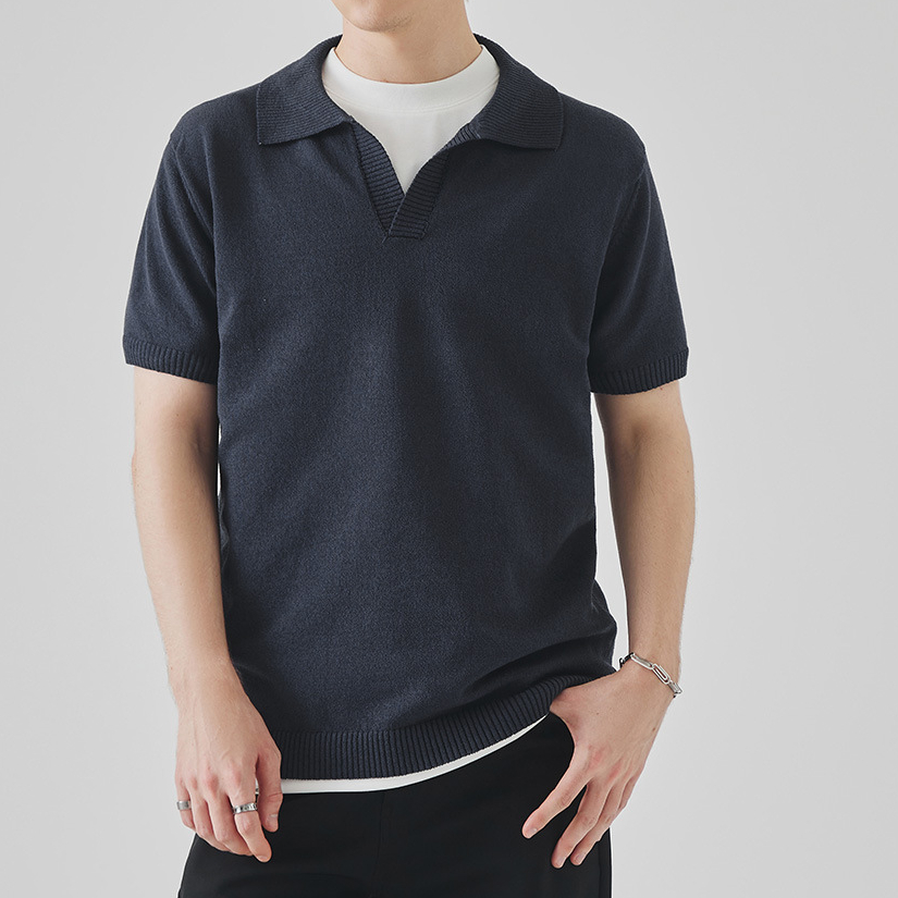 夏季針織短袖polo衫男高級感純色翻領休閒T恤上衣馬球衫