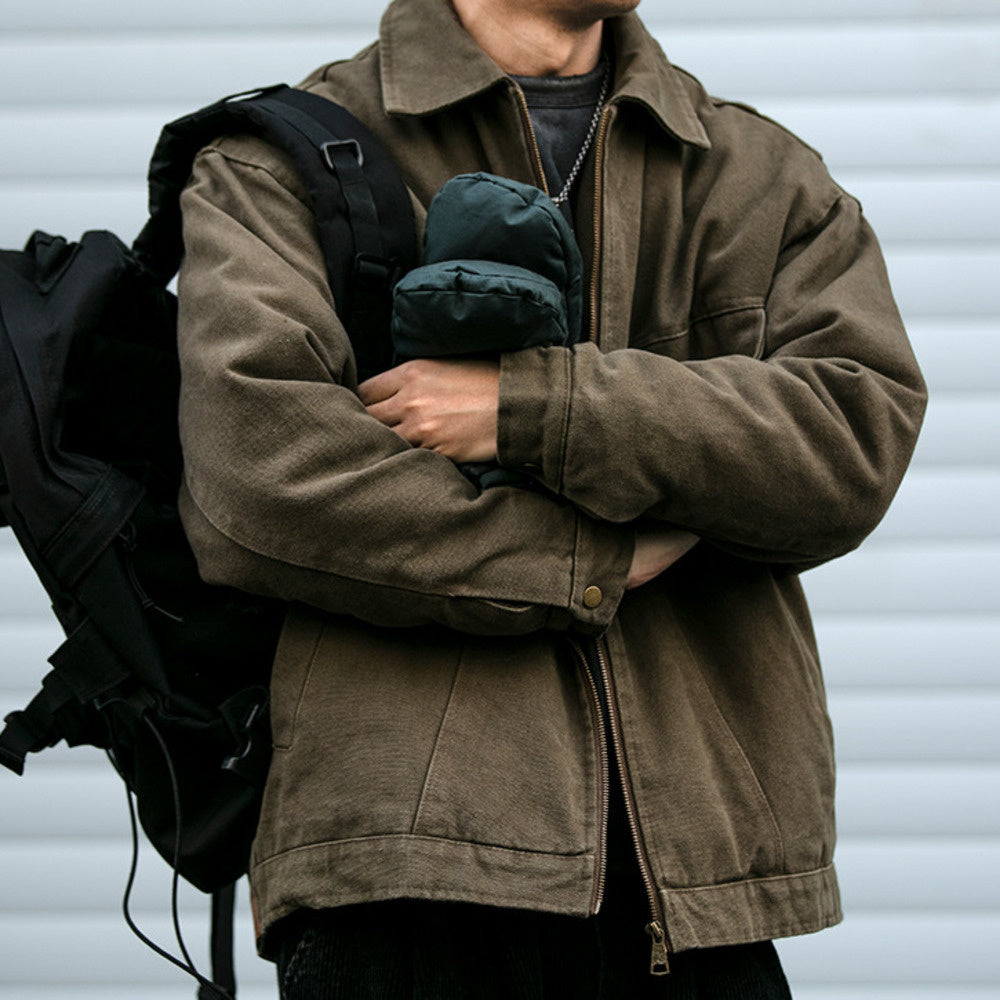 美式重工水洗底特律工装翻领棉衣男潮牌皮质贴标加厚棉服