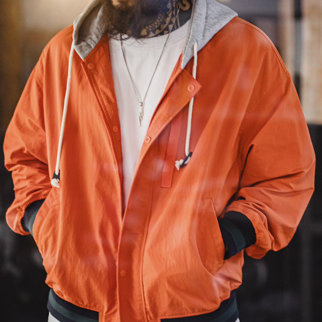 美式復古拼接撞色連帽夾克短薄款開衫橙色休閒外套男春季