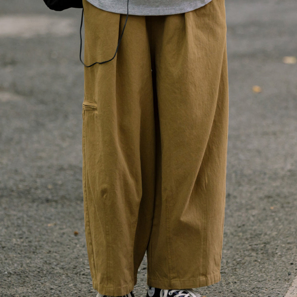秋季復古純色口袋直筒工裝長褲男潮牌寬松休閑闊腿褲