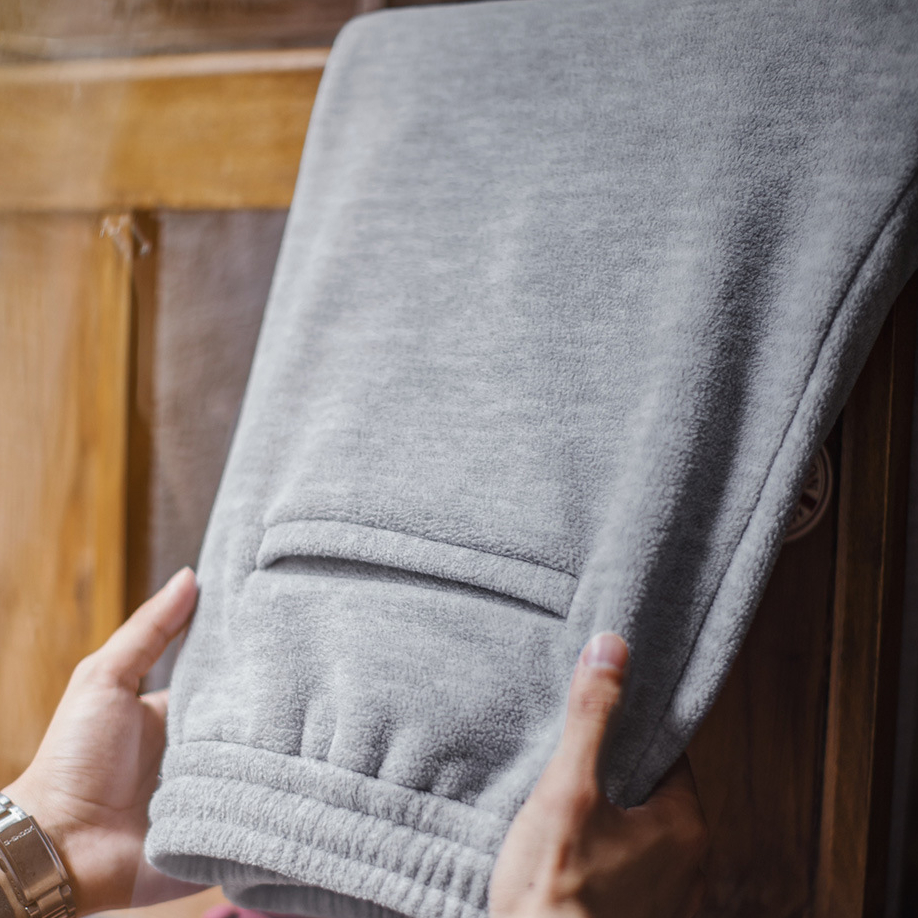 美式休閒灰色搖粒絨衛褲加絨直筒鬆緊腰束腳長褲子男秋冬