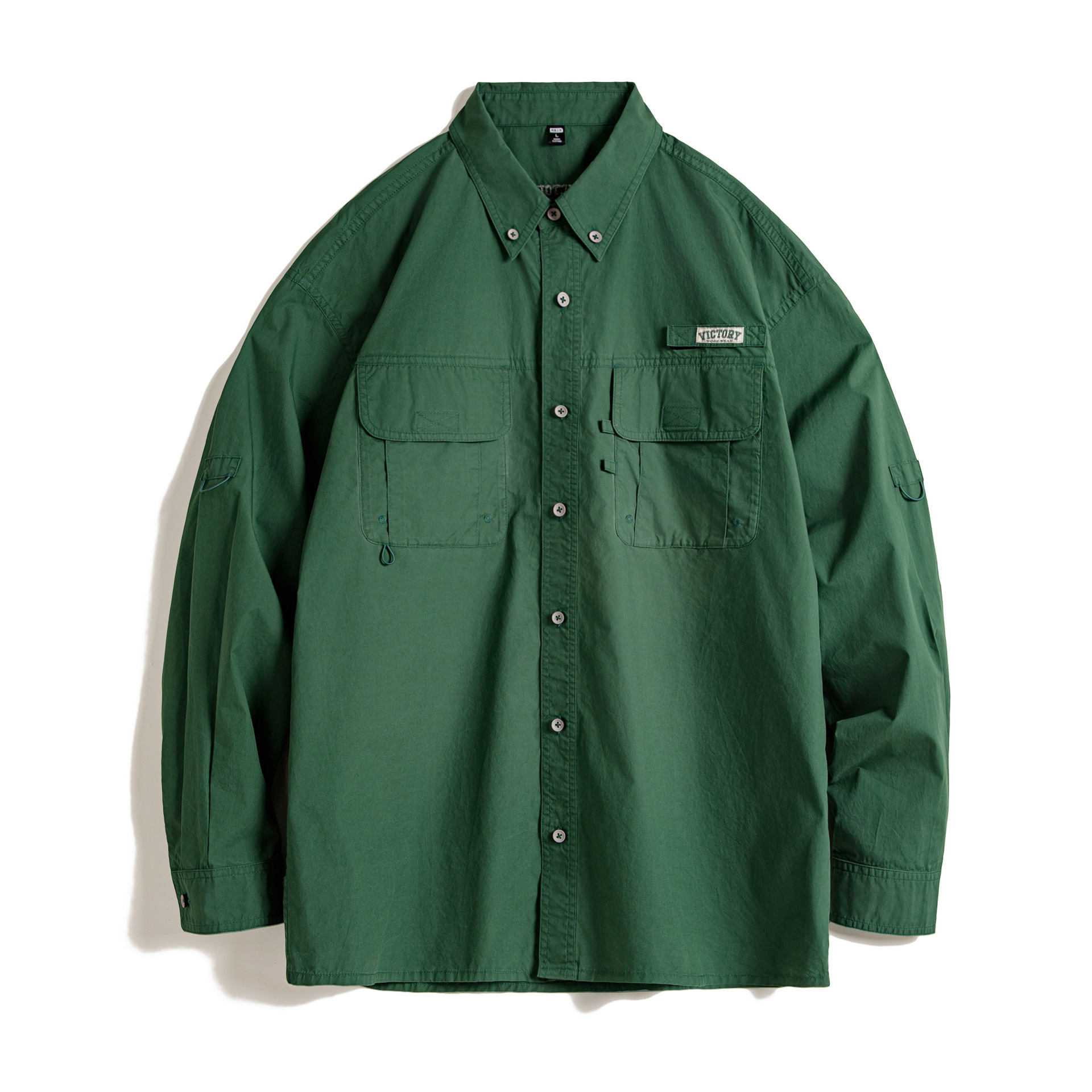 美式復古多口袋襯衫外套綠色純棉疊穿長袖襯衣薄款男夏秋