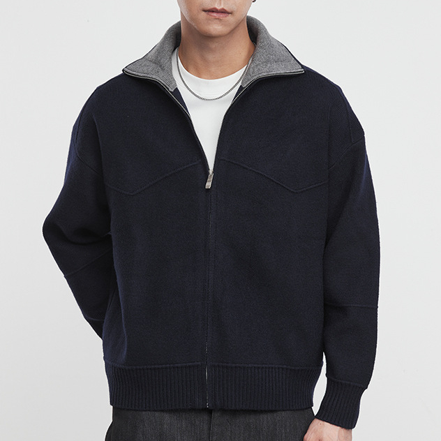 邃境秋冬簡約時尚拼色休閒輕奢針織衫痞帥翻領毛衣外套男