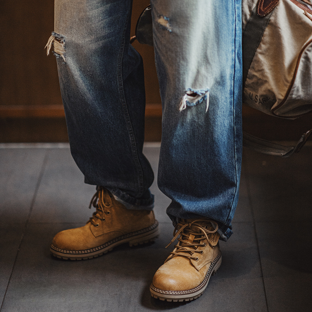 （加絨）獵裝大黃靴男士馬丁靴2025秋冬擦色做舊中幫工裝靴子