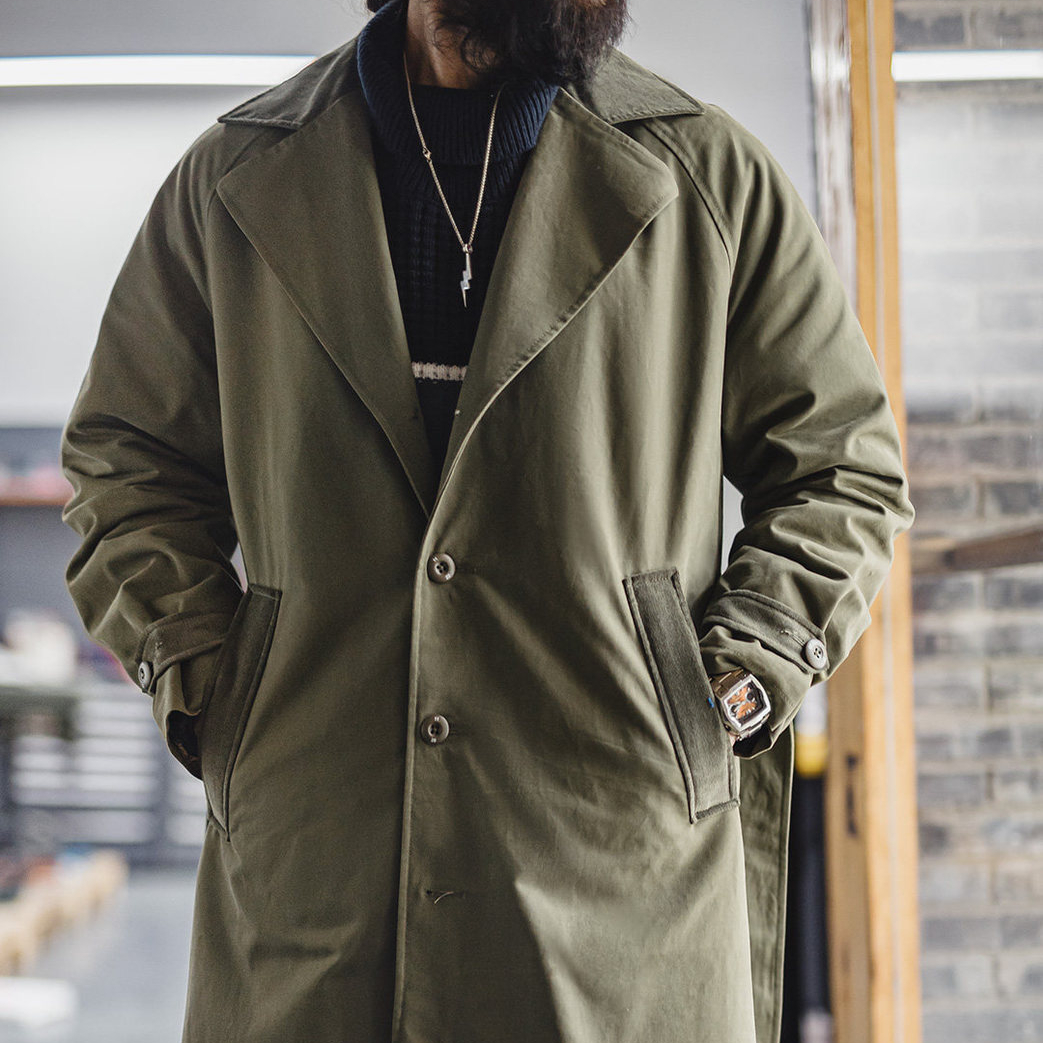 美式復古戰壕風衣軍綠色中長款翻領純棉大衣外套男款春