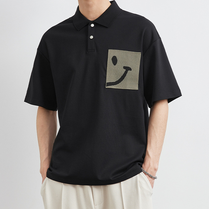 設計感拼色笑臉拼接短袖Polo衫男夏季寬鬆半袖翻領T恤上衣潮