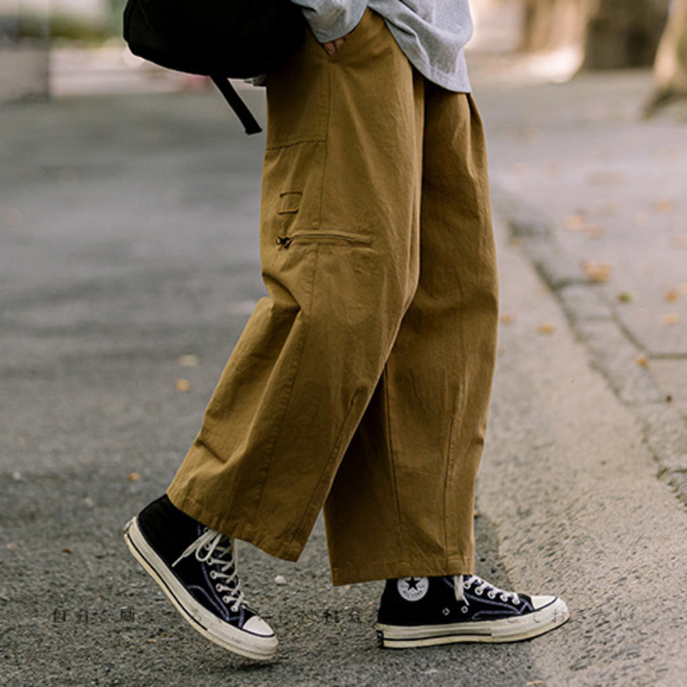秋季復古純色口袋直筒工裝長褲男潮牌寬松休閑闊腿褲