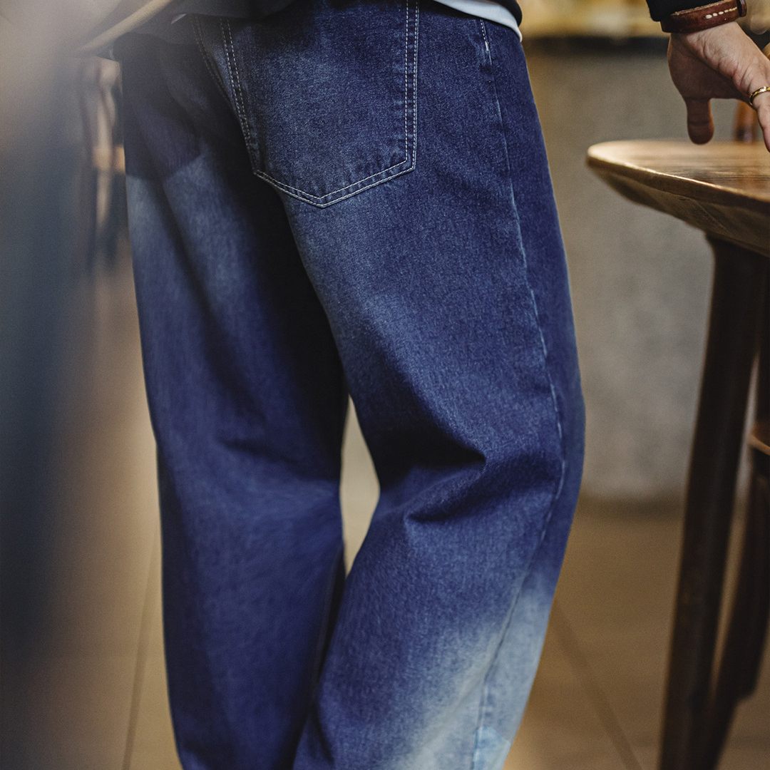 美式漸變冰藍色牛仔褲水洗丹寧萊賽爾cleanfit休閒褲男秋