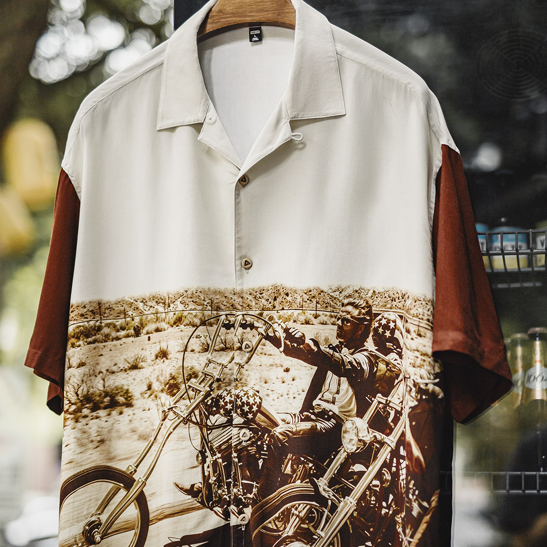 美式復古撞色古巴領襯衫垂感滿印花襯衣薄款短袖外套男夏