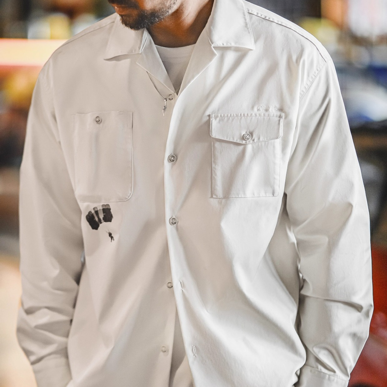 美式復古印花古巴領襯衫長袖寬鬆白色廓形襯衣外套男夏秋