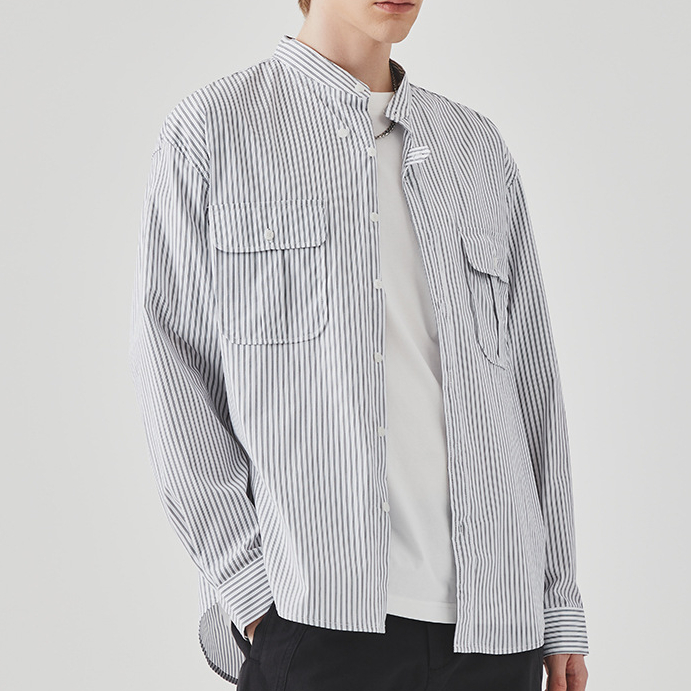 條紋襯衫男春季高級感痞帥商務休閒百搭立領長袖襯衣外套