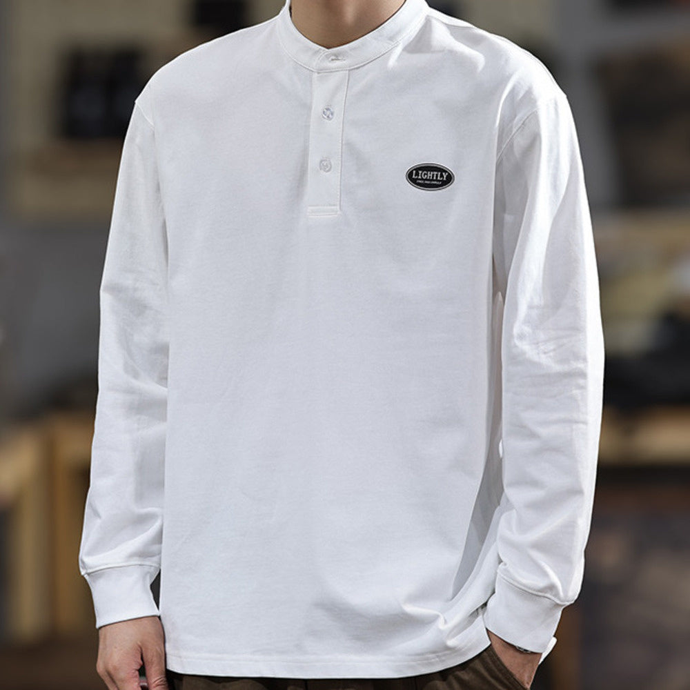 高端美式潮牌ins亨利領休閑男士長袖t恤寬松大碼百搭春季純棉衛衣