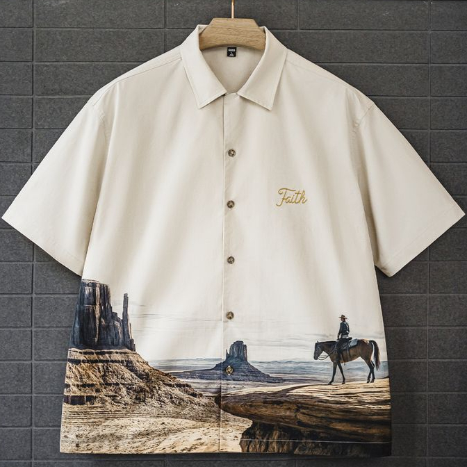 美式復古紀念碑谷古巴領襯衫短袖印花vintage襯衣男春夏