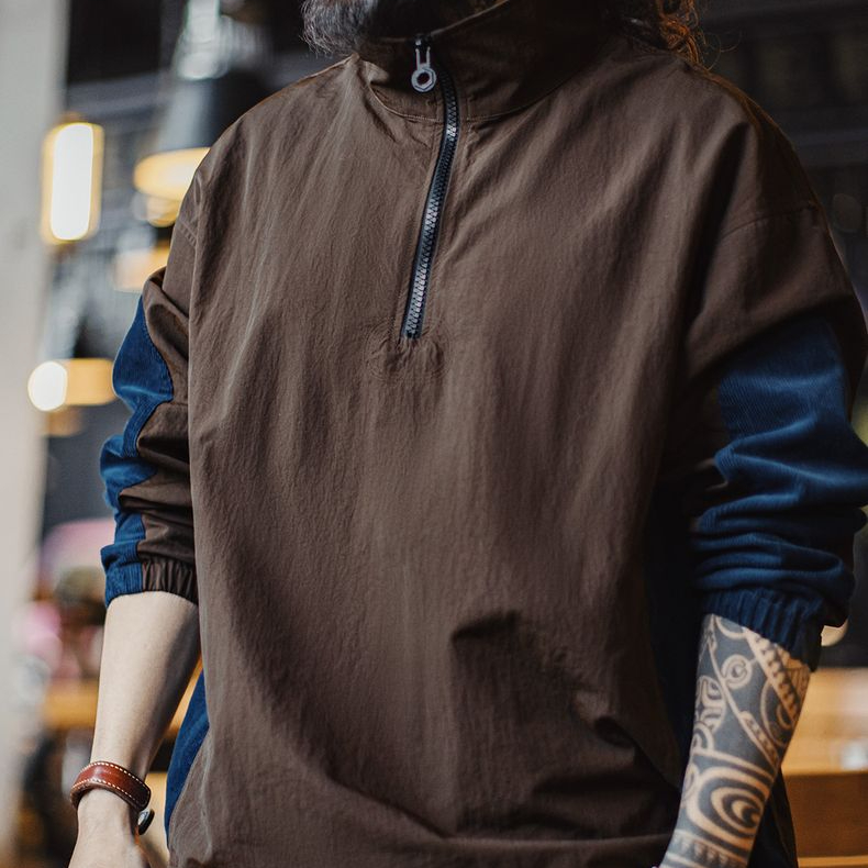 美式復古拼接半拉鍊夾克翻領撞色戶外燈芯絨褶皺衛衣男春