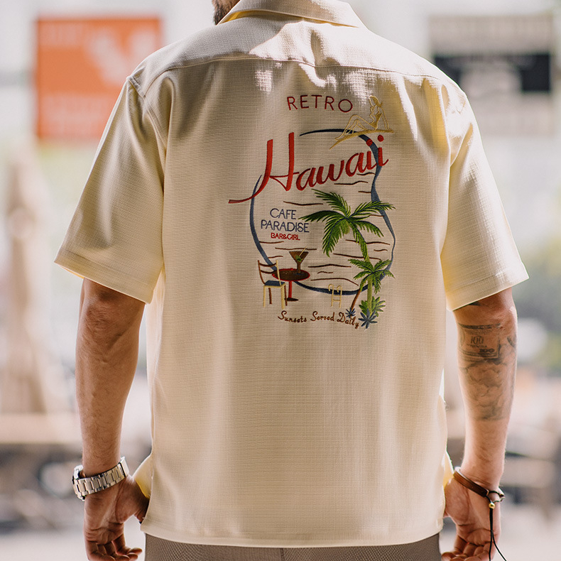 美式復古夏威夷刺繡短袖襯衫竹節紋垂感古巴領襯衣男夏季