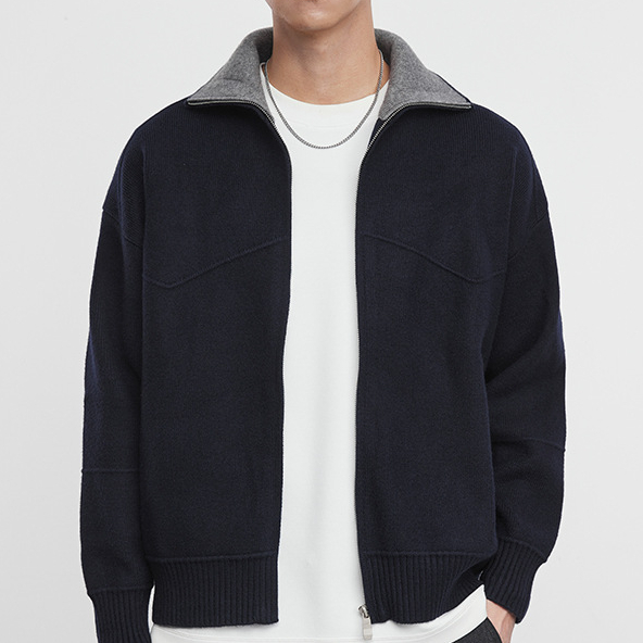 邃境秋冬簡約時尚拼色休閒輕奢針織衫痞帥翻領毛衣外套男