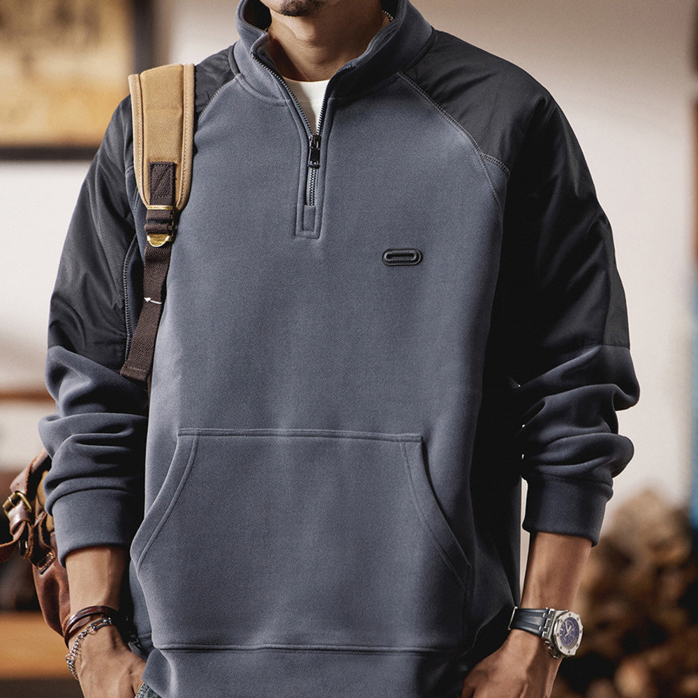 撞色拼接半拉鏈立領衛衣男士寬松休閑POLO衫秋冬季加絨外套男