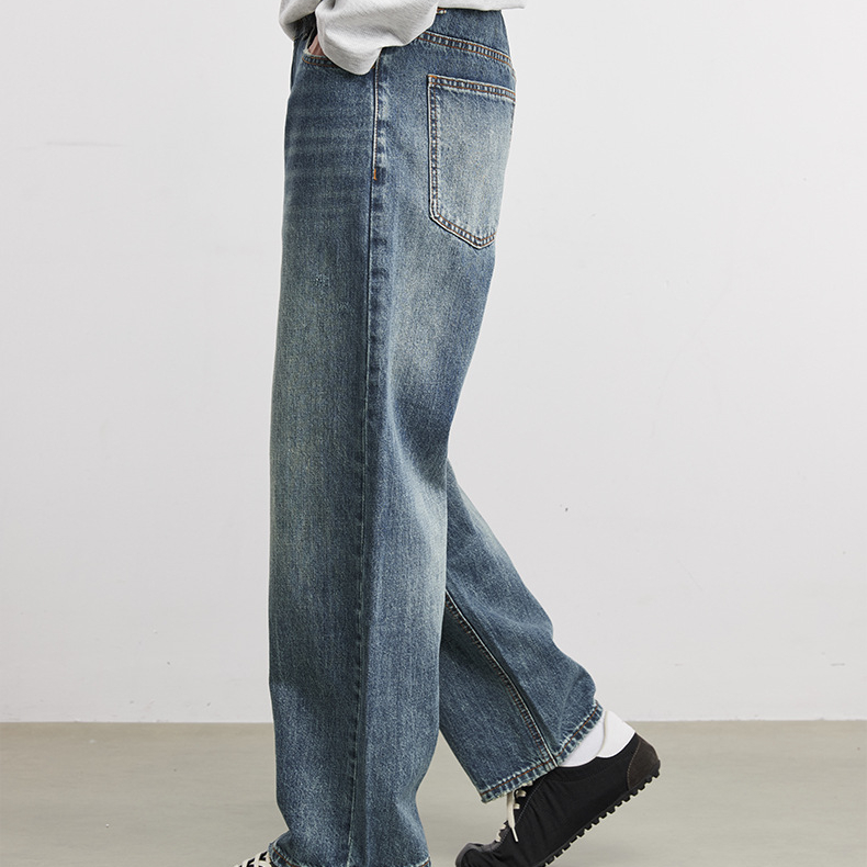 藍色直筒牛仔褲石磨水洗竹節紋長褲男士春季新款寬鬆顯瘦褲子