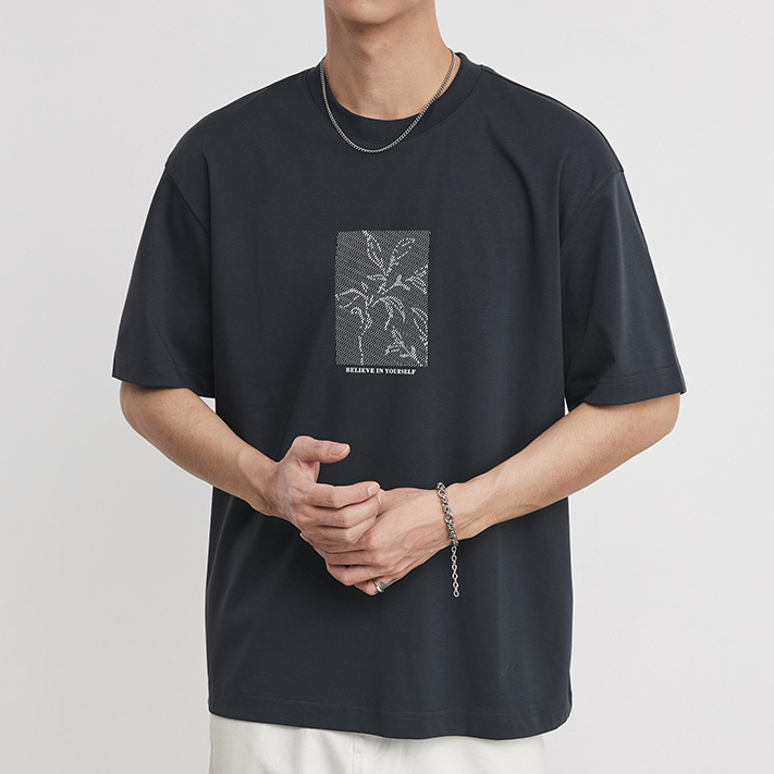 親膚液氨棉日系簡約印花短袖夏季新款圓領寬鬆舒適休閒T恤男