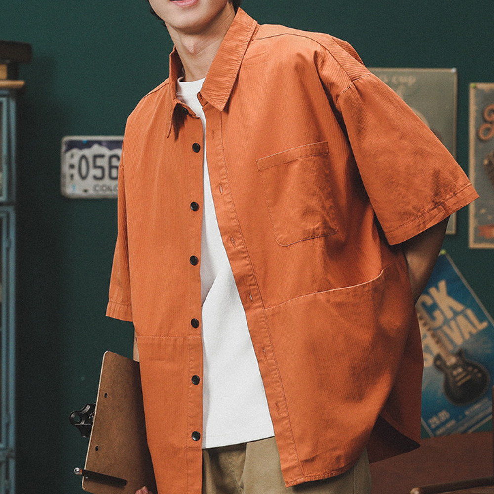 工裝短袖襯衫男寬松肌理感襯衣夏季美式高街潮牌上衣外套