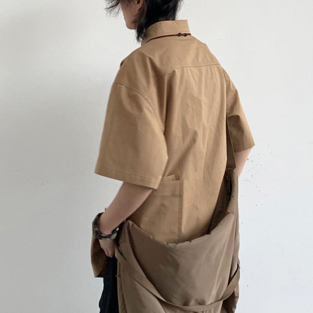 夏復古工裝短袖襯衫男女學生寬松基礎款廓形休閑襯衣