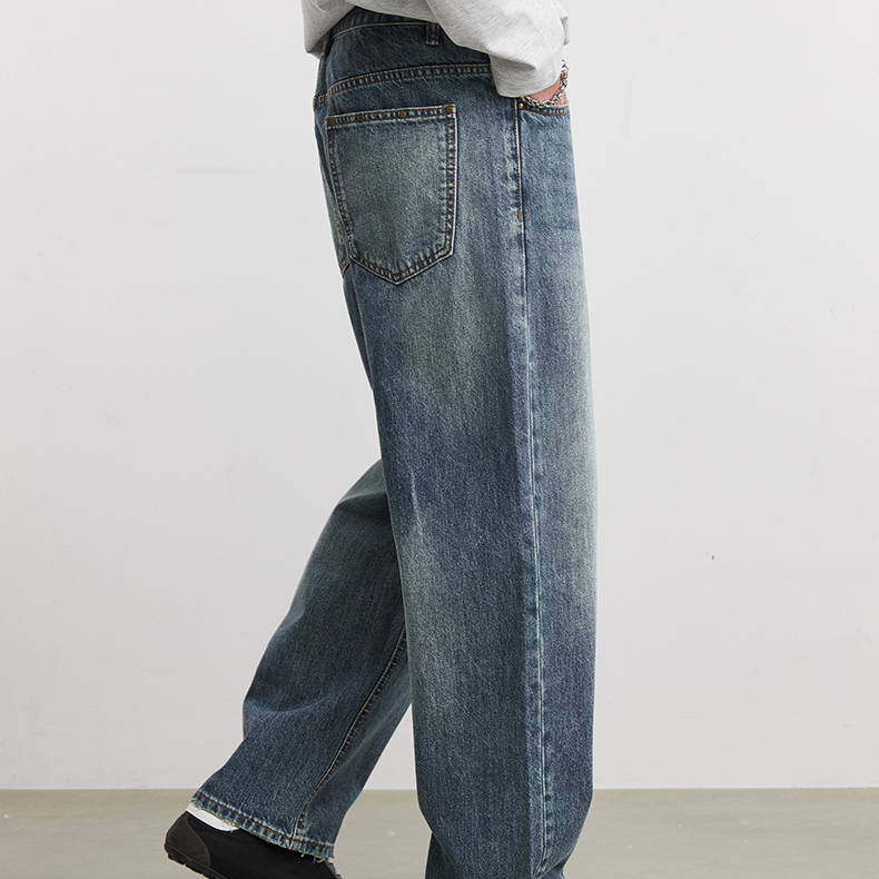 藍色直筒牛仔褲石磨水洗竹節紋長褲男士春季新款寬鬆顯瘦褲子