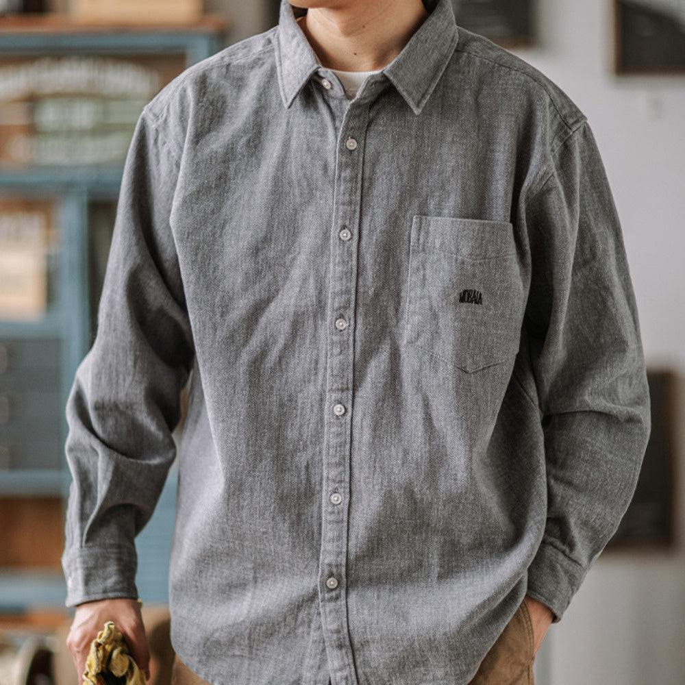 全棉磨毛厚寬松工裝襯衫純色長袖休閑襯衣男春秋外套