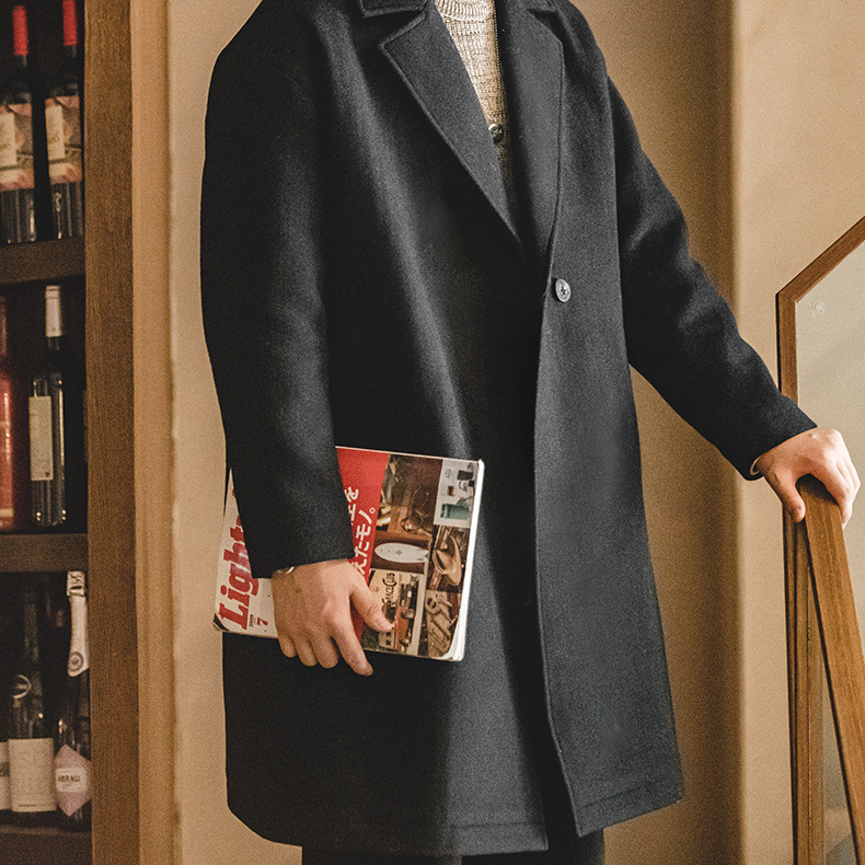 美式復古重磅羊毛呢子大衣黑色加厚寬鬆中長款外套男秋冬