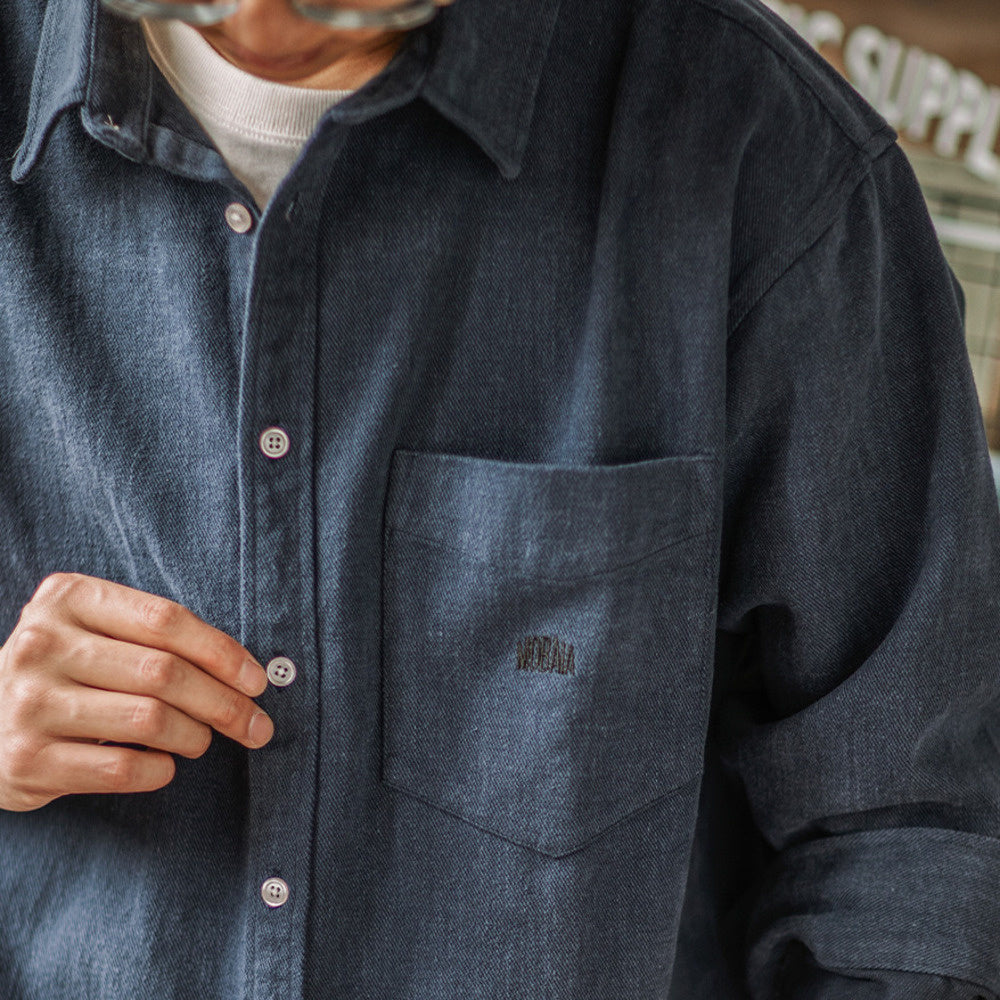 全棉磨毛厚寬松工裝襯衫純色長袖休閑襯衣男春秋外套