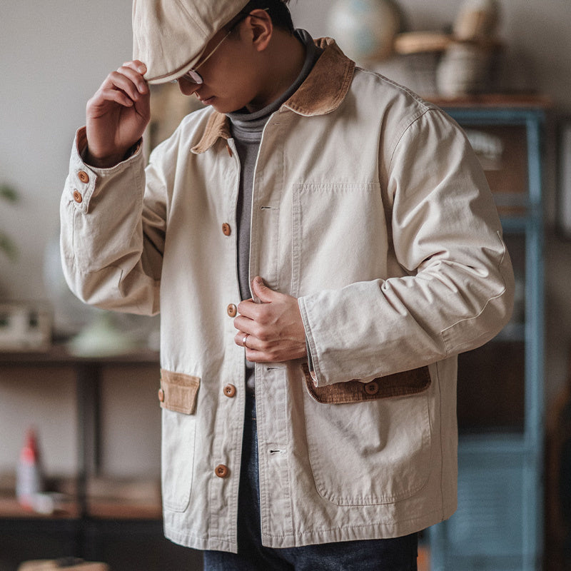 阿美咔叽密歇根鐵路工裝口袋夾克 美式拼色翻領寬松外套