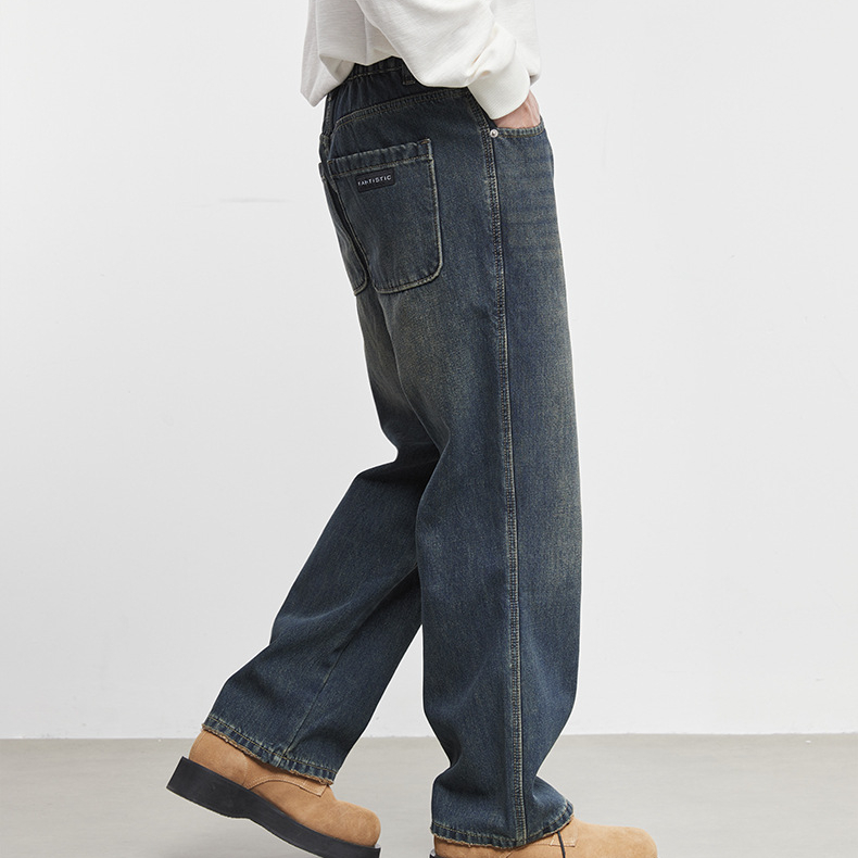 復型男士復古加絨直筒牛仔褲秋冬寬鬆休閒潮流做舊闊腿褲