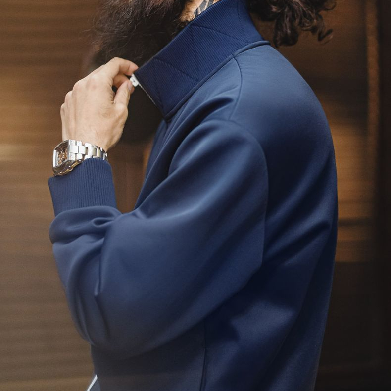 美式休閒學院風撞色刺繡夾克空氣層立領寬鬆開衫衛衣男春