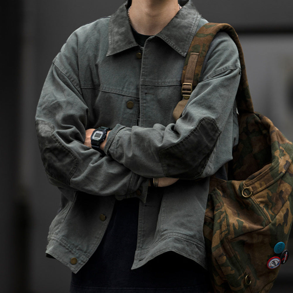 復古水洗做舊拼接PU皮外套男春秋新款寬松翻領工裝夾克上衣潮