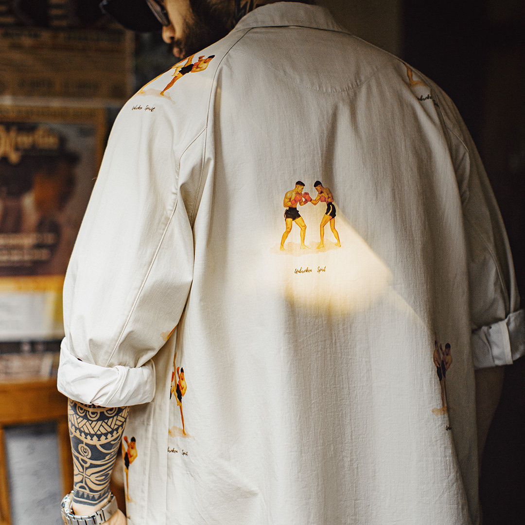 美式休閒平駁領西裝印花外套白色西服純棉長袖襯衫男款春