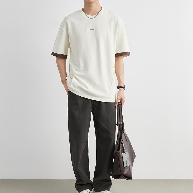重磅220g撞色袖口小標T恤男夏季圓領寬鬆透氣親膚肌理感短袖